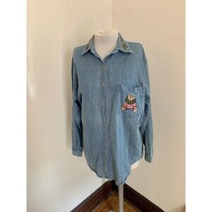 VTG Quizz NY Embroider Christmas Teddy Bear Jean Denim VTG Top Holly Polo Ralph